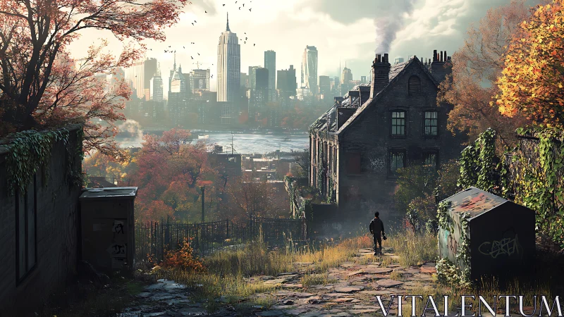 Man walks through overgrown ruins toward modern city skyline.