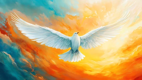 White dove with spread wings against vivid sky backdrop.