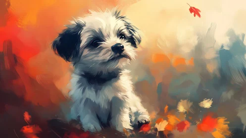 Digital painting depicts small dog against abstract foliage