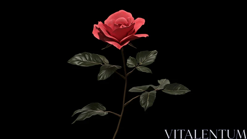 Red Rose with Verdant Foliage on Black Background.