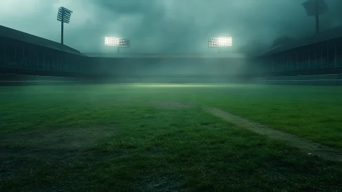 Fog drunk stadium lights guard a silent emerald field.