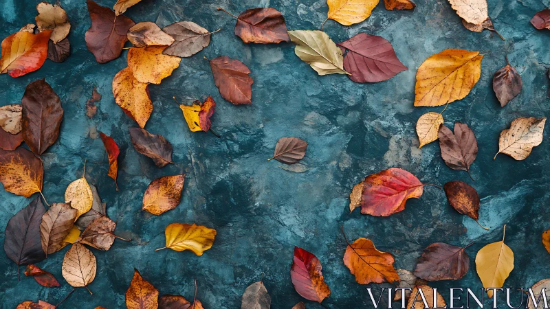 Scattered autumn leaves rest softly on textured teal stone