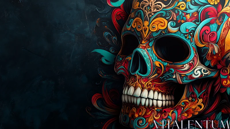 Ornate sugar skull glows with vivid swirling flourishes.