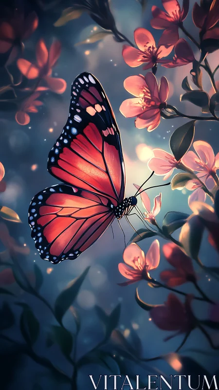 Twilight monarch pauses mid-dream among glowing cherry blooms