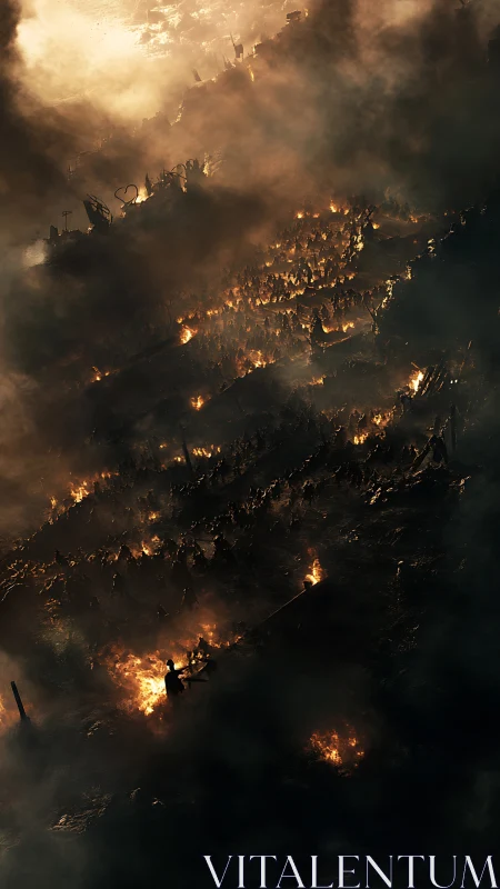 Aerial Wildfire Inferno: Smoke-Obscured Landscape in Golden Flames.