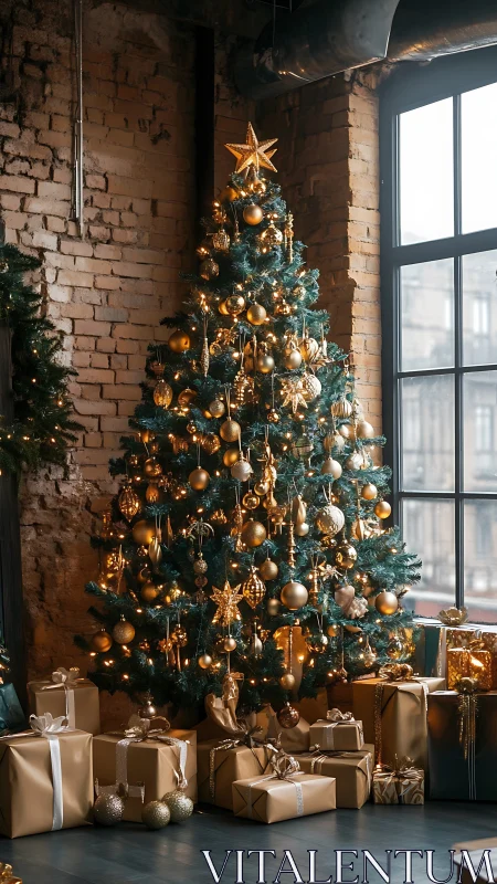 Industrial loft Christmas tree glowing in molten gold light.