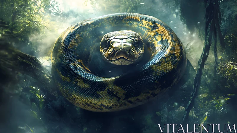 Coiled green anaconda resting in dense misty rainforest.
