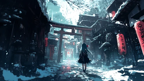 Solitary girl walks through snowy lantern-lit shrine street