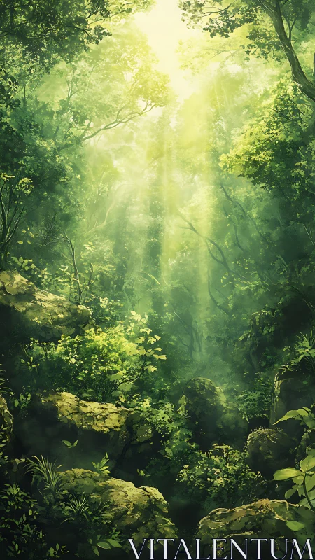 Forest interior with directional light filtered through dense canopy.