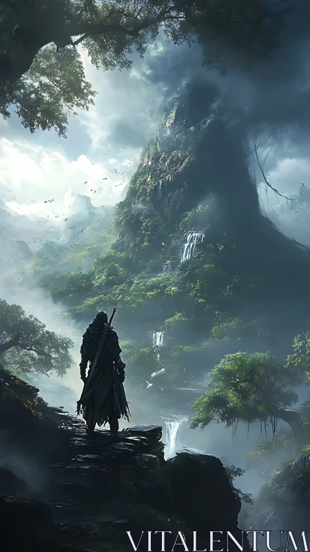 Lone cloaked wanderer surveys misty waterfalls and peak.