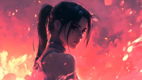 Warrior girl stands in glowing embers against crimson sky