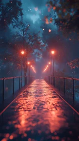 Rain soaked bridge under glowing lamps in misty forest.