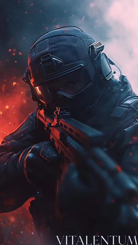 Tactical operator aims rifle through cinematic red smoke.