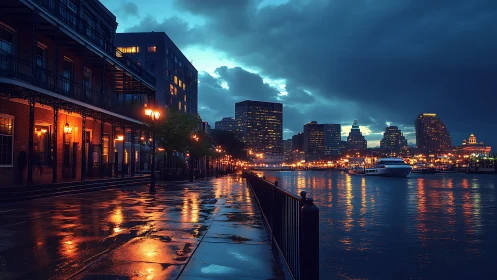 Waterfront city street at dusk with reflective wet pavement.