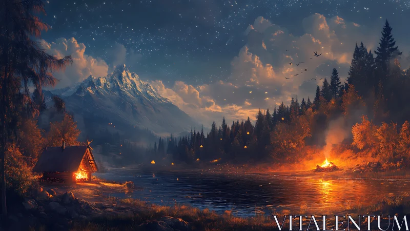 Firelit mountain lake under starlit skies reveals wilderness beauty.