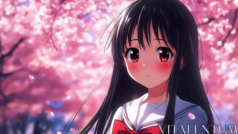 Blushing springday schoolgirl under whispering cherry bloom.