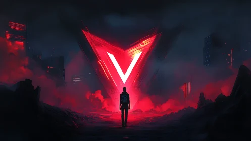 Backlit figure approaches luminous red triangular portal structure