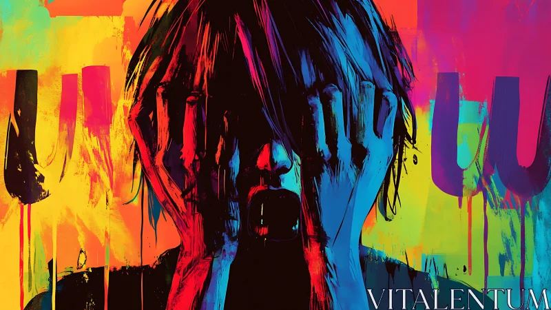 Neon scream portrait drenched in glitchy color storms.