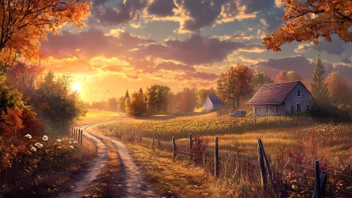 Golden country lane winding through a cozy autumn sunset.
