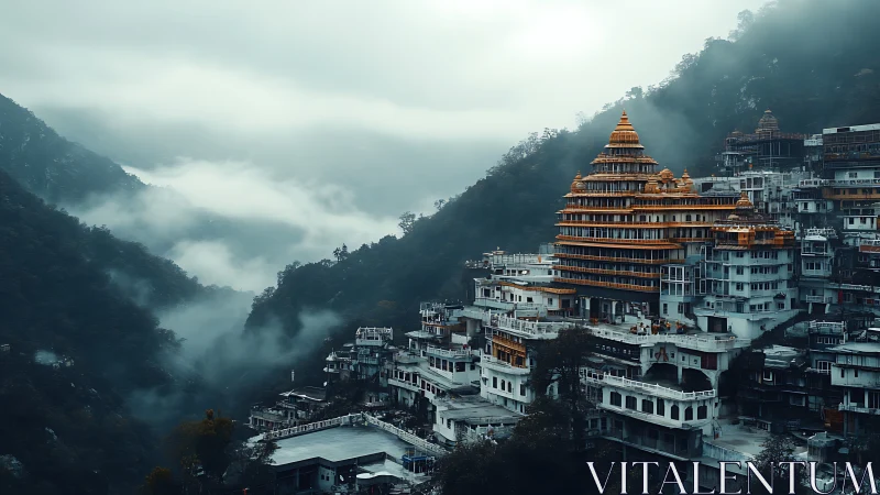 Mountain temple complex rises above mist-filled valley landscape