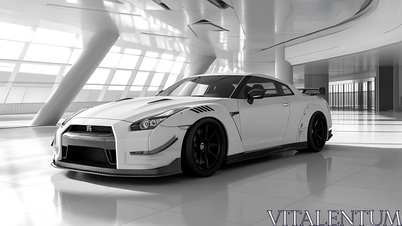 Sleek white sports coupe in futuristic glass pavilion interior.