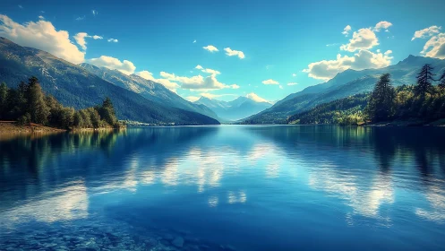 Mirror-bright mountain lake quietly stitches sky to earth