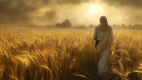 Veiled solitary figure walks through golden wheat field at dawn