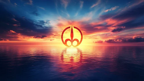 Radiant abstract emblem rises over a vivid ocean sunset