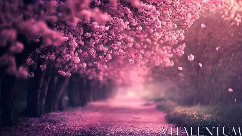 Blushing cherry blossom tunnel bathing a dreamlit pathway.