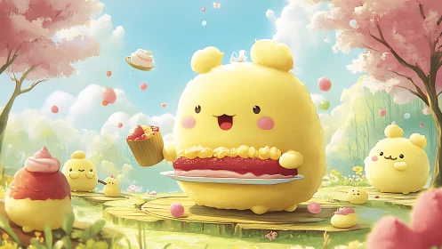 Anthropomorphic Yellow Macropod Character With Pastry. Garden Scene.