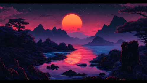 Neon dusk over tranquil mountains and reflective bay panorama.