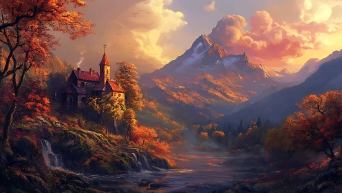 Mountain valley landscape with riverside house at sunset.