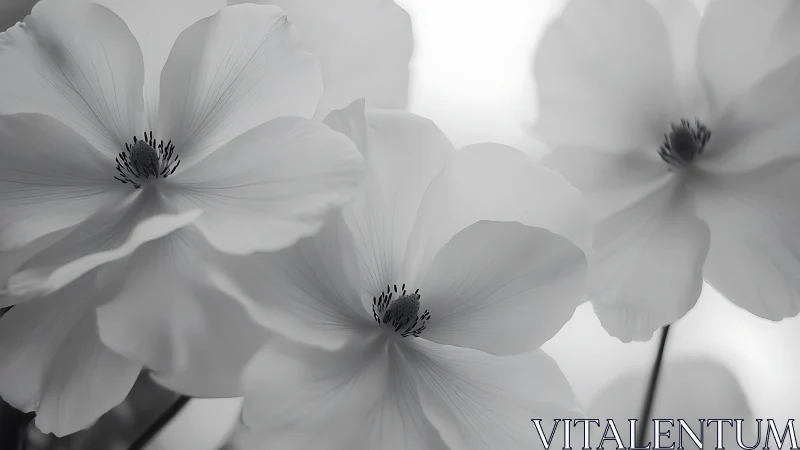 Delicate white cosmos flowers with dark stamens photographed in monochrome.
