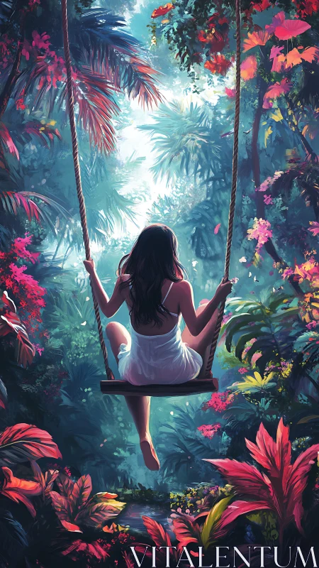 Girl on wooden swing in luminous neon jungle clearing.