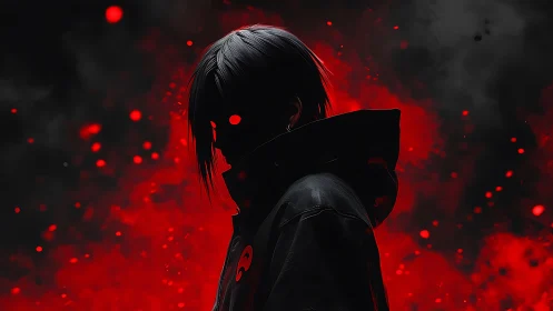 Shadowed wanderer wrapped in glowing red embers of night.