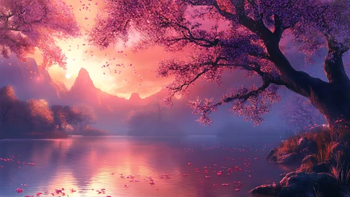 Blossom kissed lake glows beneath a dreamy twilight sky