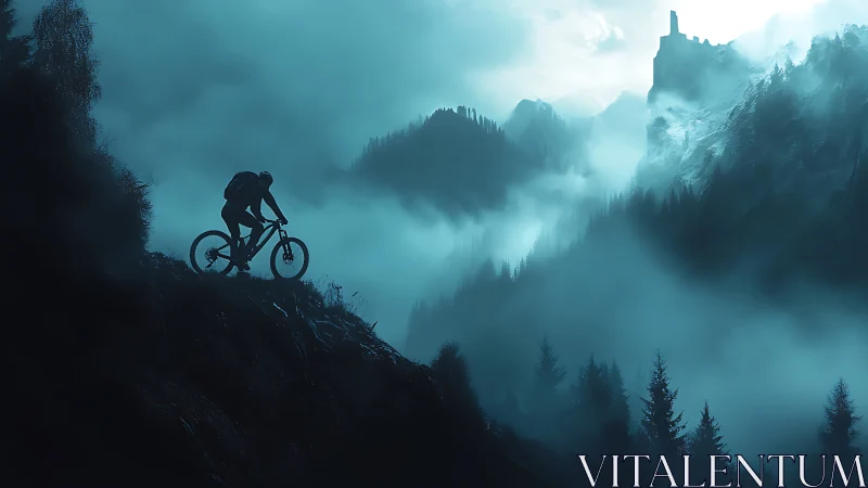 Mountain Cyclist in Misty Alpine Valley with Castle Tower.