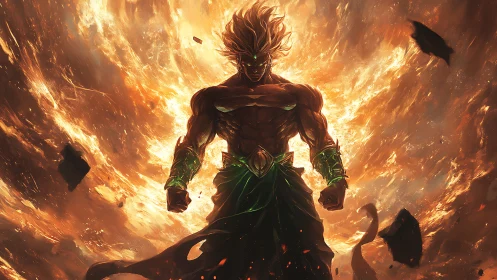 Flaming warrior emerges from explosive vortex of molten light.