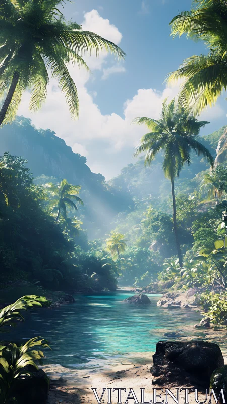Tropical River Valley with Palm Trees and Mountains
