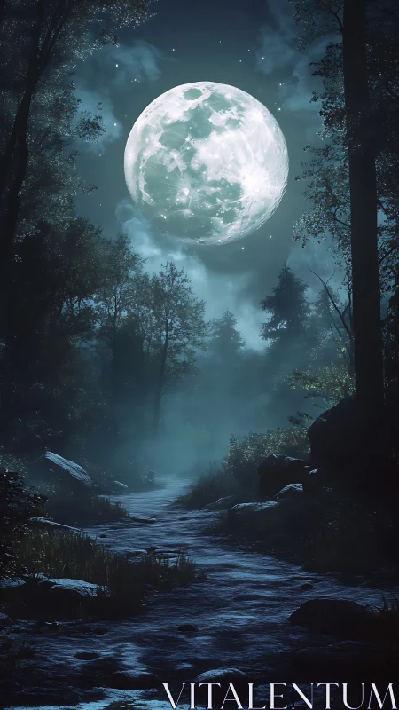 Oversized moon illuminates a misty forest path at night.