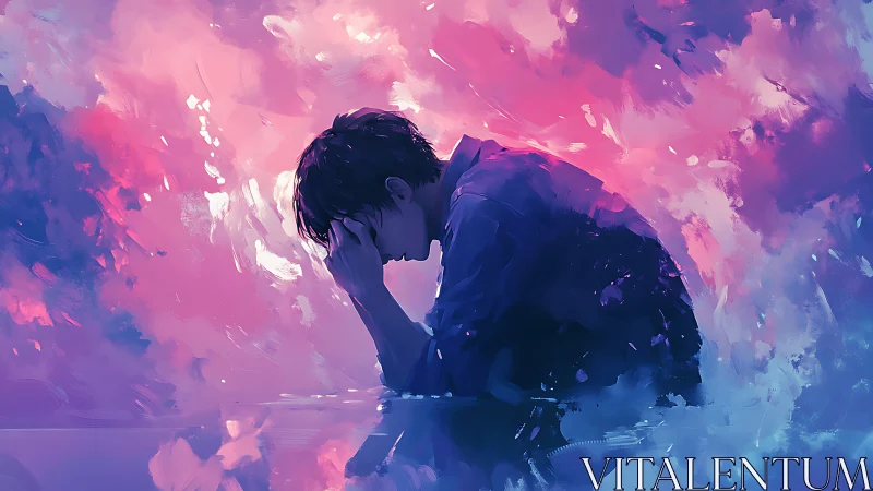 Solitary figure in neon storm of abstract emotional color.