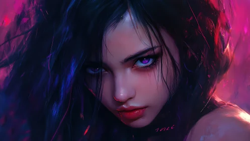 Chromatic portrait of violet‑eyed girl in neon flux field.