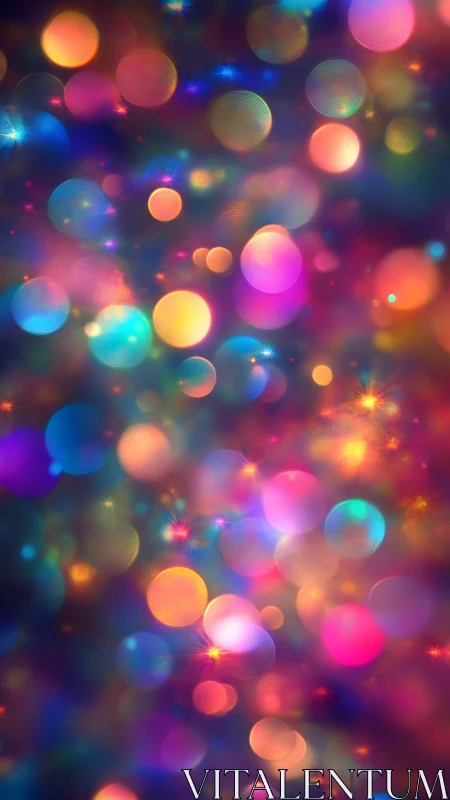 Vibrant multicolor bokeh orbs on dark abstract background.