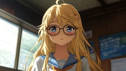 Blonde student with glasses in uniform indoors, anime style.
