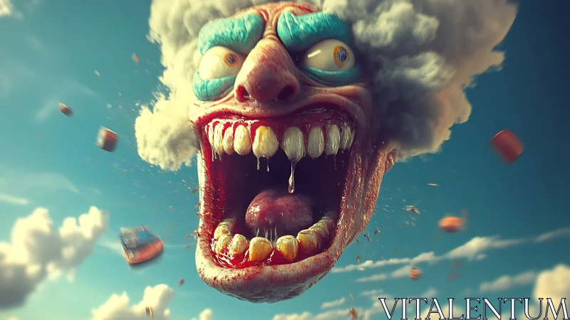 Surreal screaming cloud head with distorted clown face.