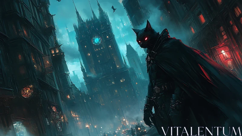 Midnight cat vigilante guards a moody neon gothic city