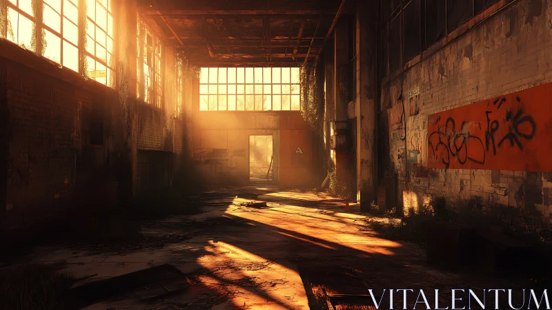 Sunlit abandoned warehouse interior with warm decay.