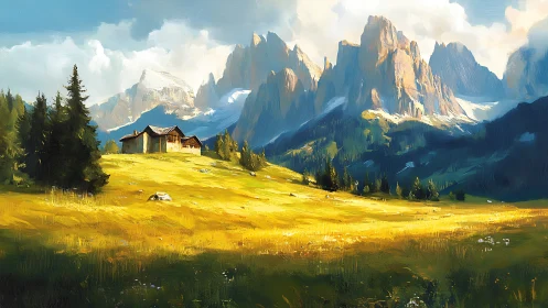 Sunlit alpine meadow with rustic cabin and dramatic peaks.