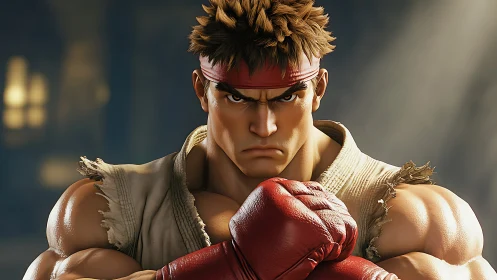 Digital rendering of muscular fighter in red gloves portrait.