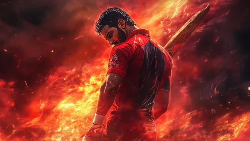 Fiery digital painting of a cricket batsman in dynamic back pose